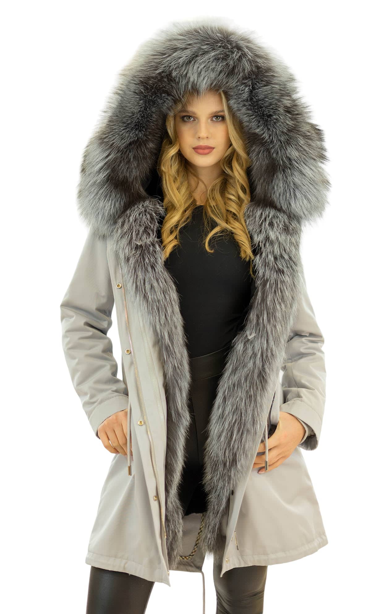 Winterparka mit Innenfutter und XXL Pelzkragen aus Silberfuchs