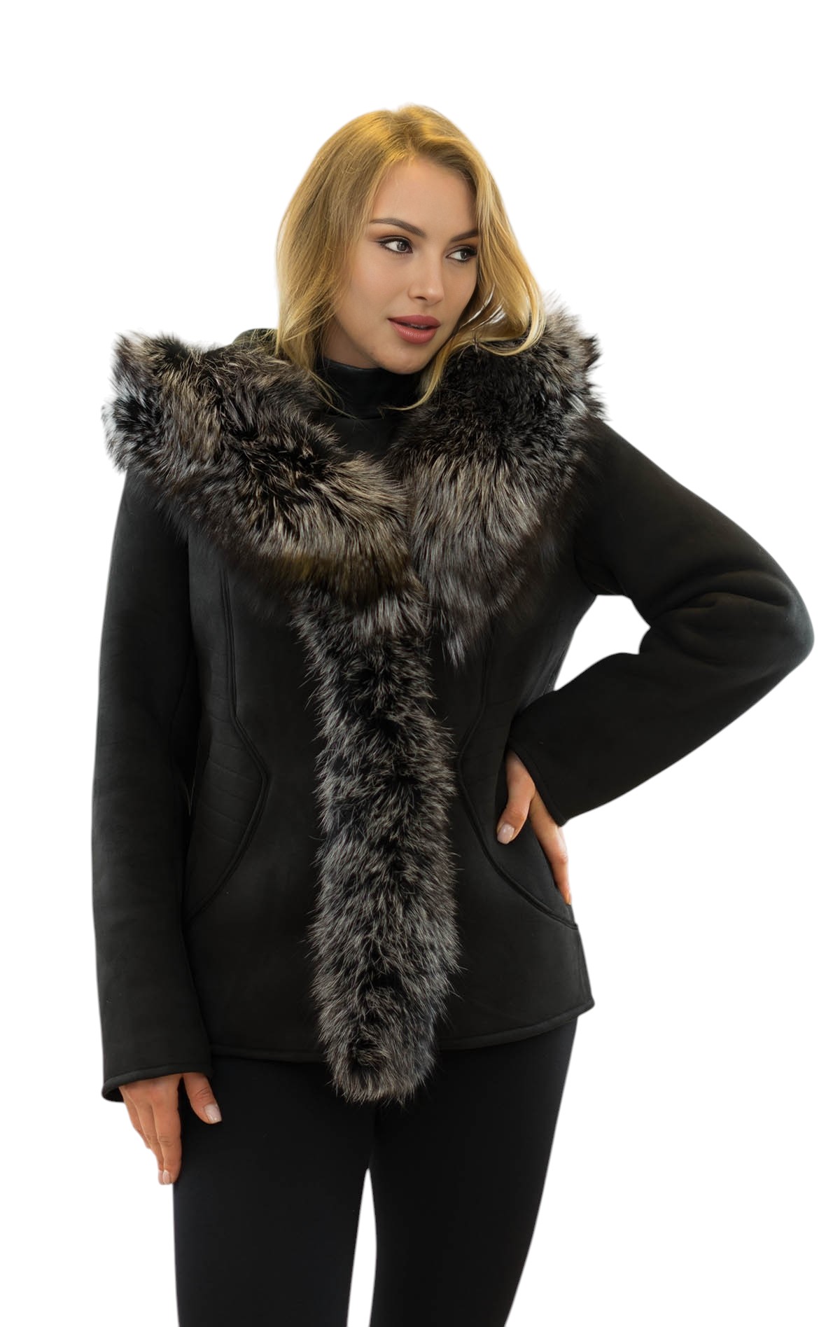 Echtfell Damenjacke für Winter Silberfuchs Pelzkragen