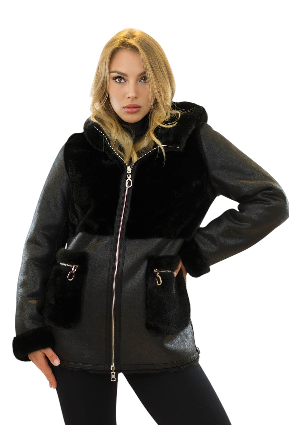 Damen Winterjacke Wendbar Kunstpelz mit Echtlederoptik