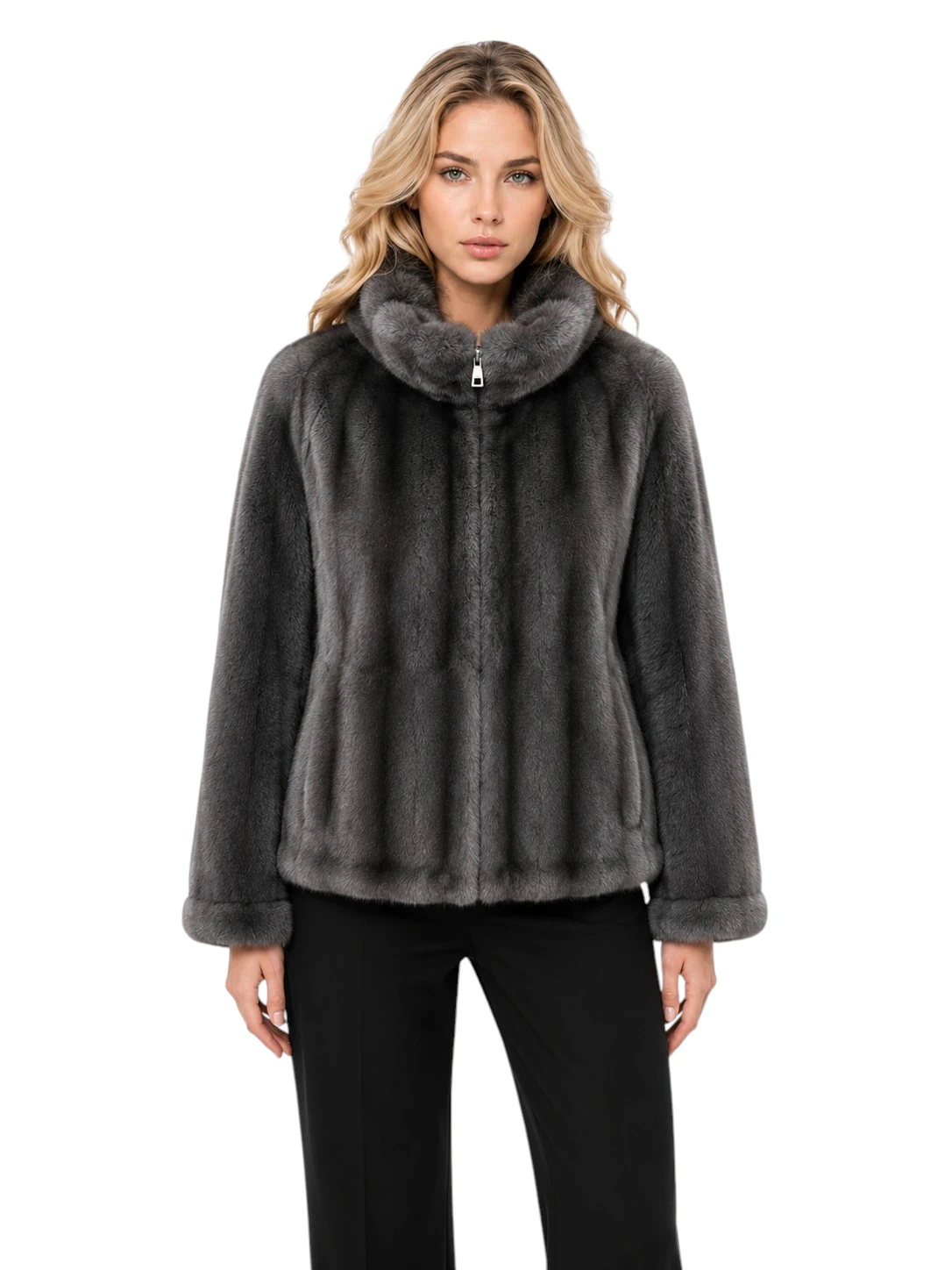 Graue Damen Winterjacke Klara aus Webpelz mit Kapuze