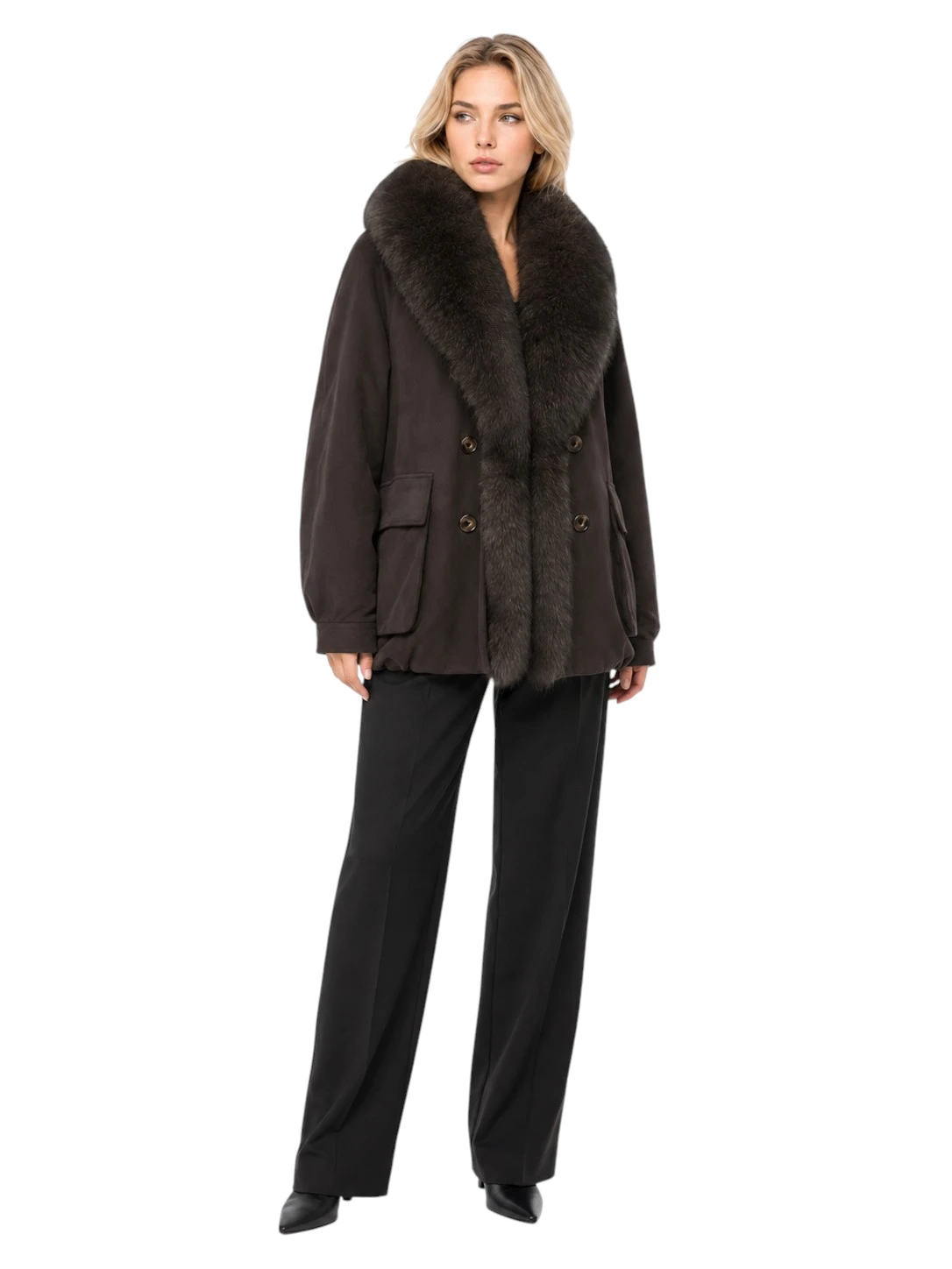 Brauner Damen Daunenparka „Isabella“ mit Fuchsfell und Veloursoptik Kopie