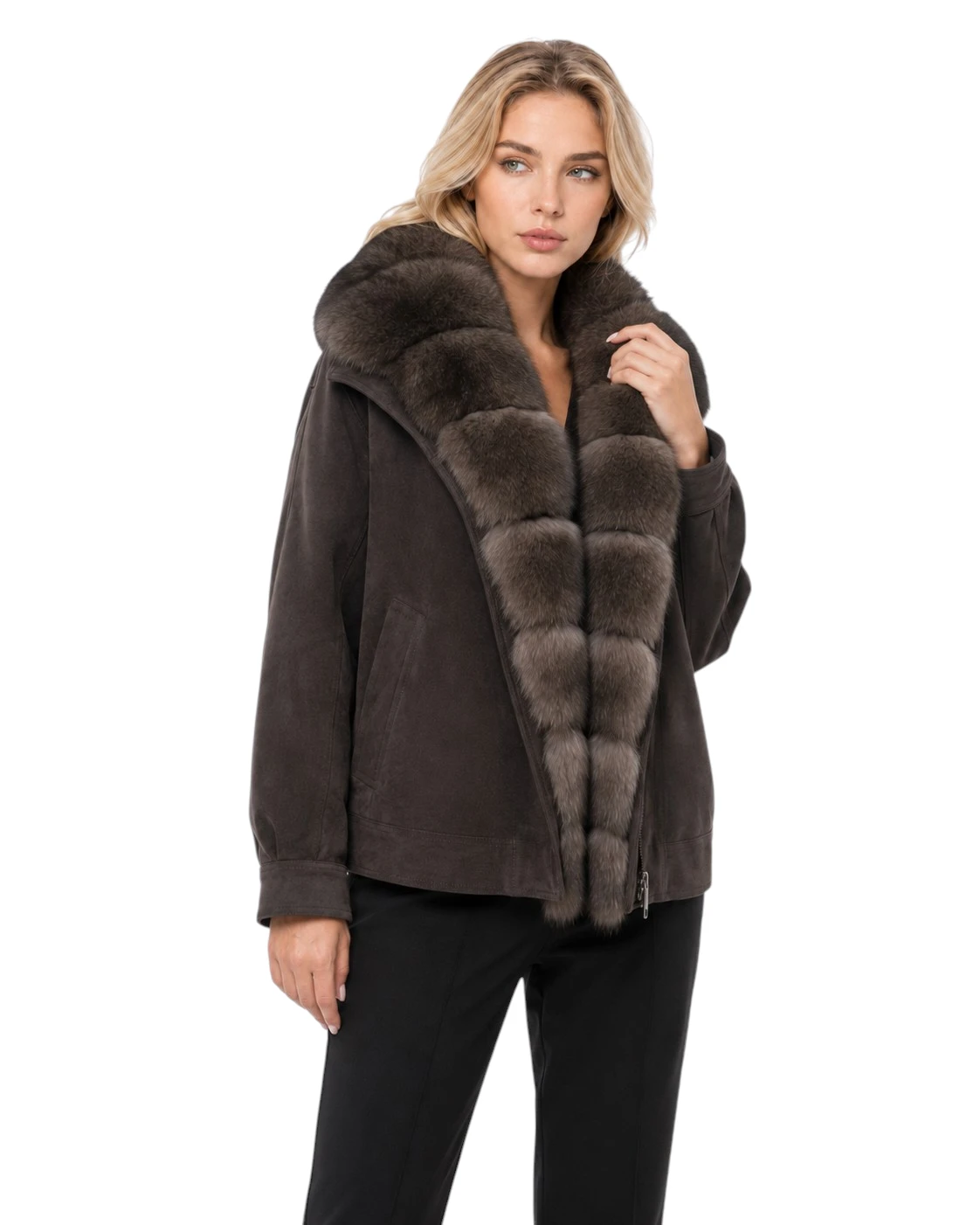 Brauner Damen Daunenparka Isabella mit Fuchsfell und Veloursoptik