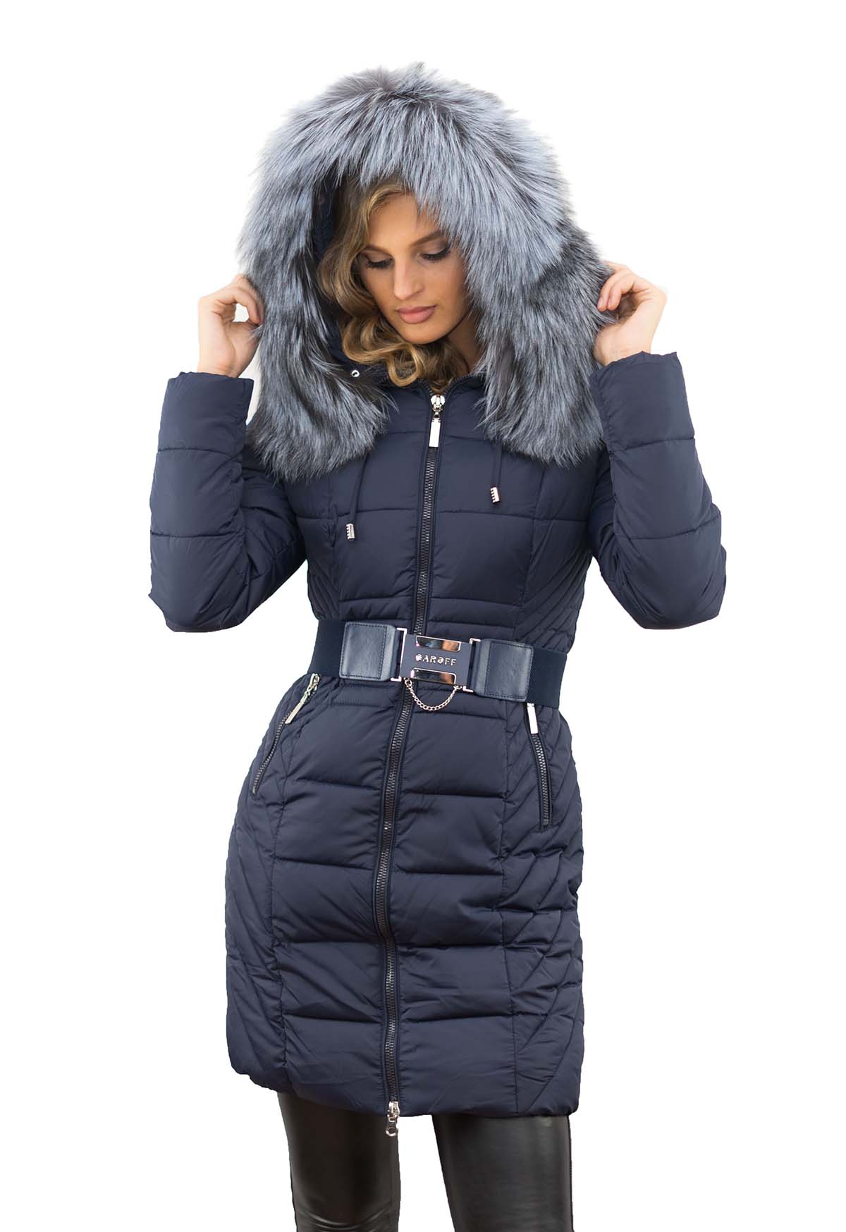 Wintermantel Fellkragen Silberfuchs Farbe blau