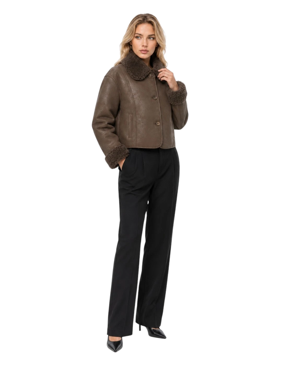 Braune kurze Damen Wendejacke Valdis in Lederoptik mit Teddyfell