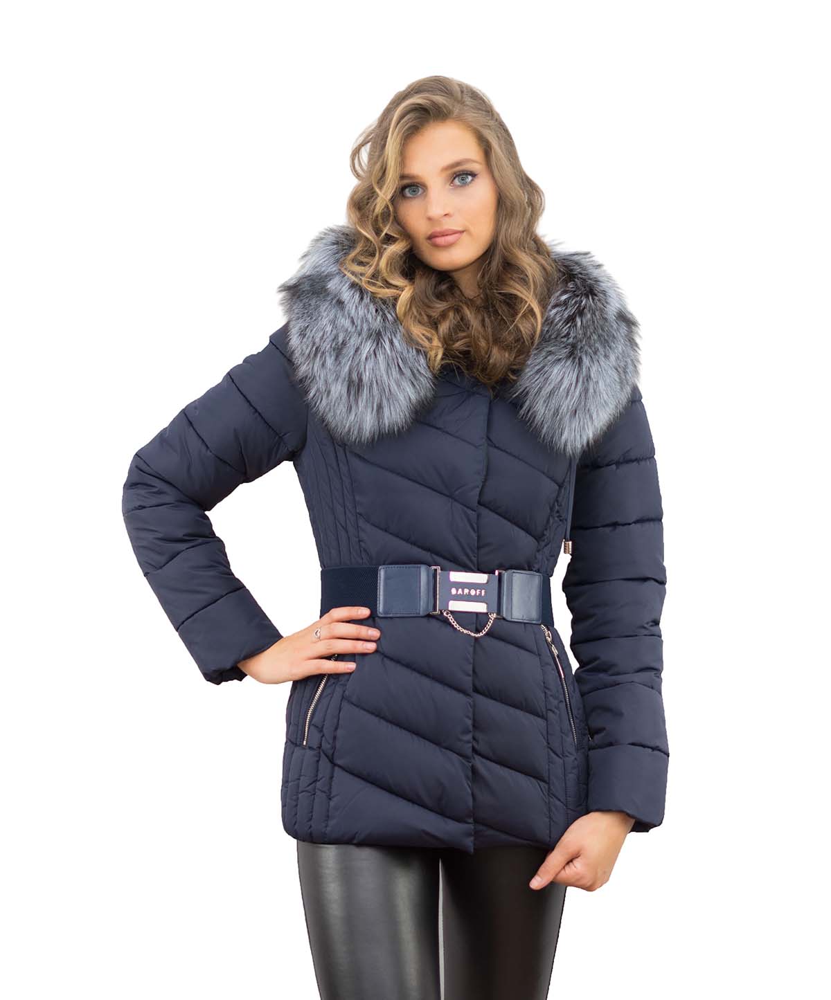 Winterjacke blau mit Echtfell  Silberfuchs Pelzkragen