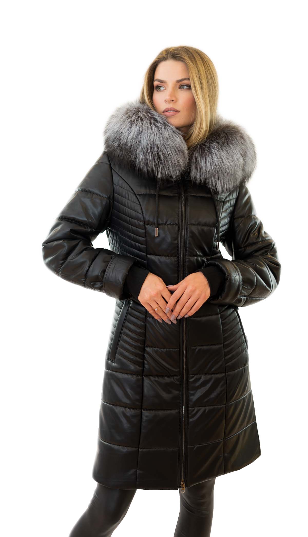 Eco Ledermantel schwarz mit Echtfell Pelzkragen Silberfuchs Eco Leder Kamelhaarfüllung