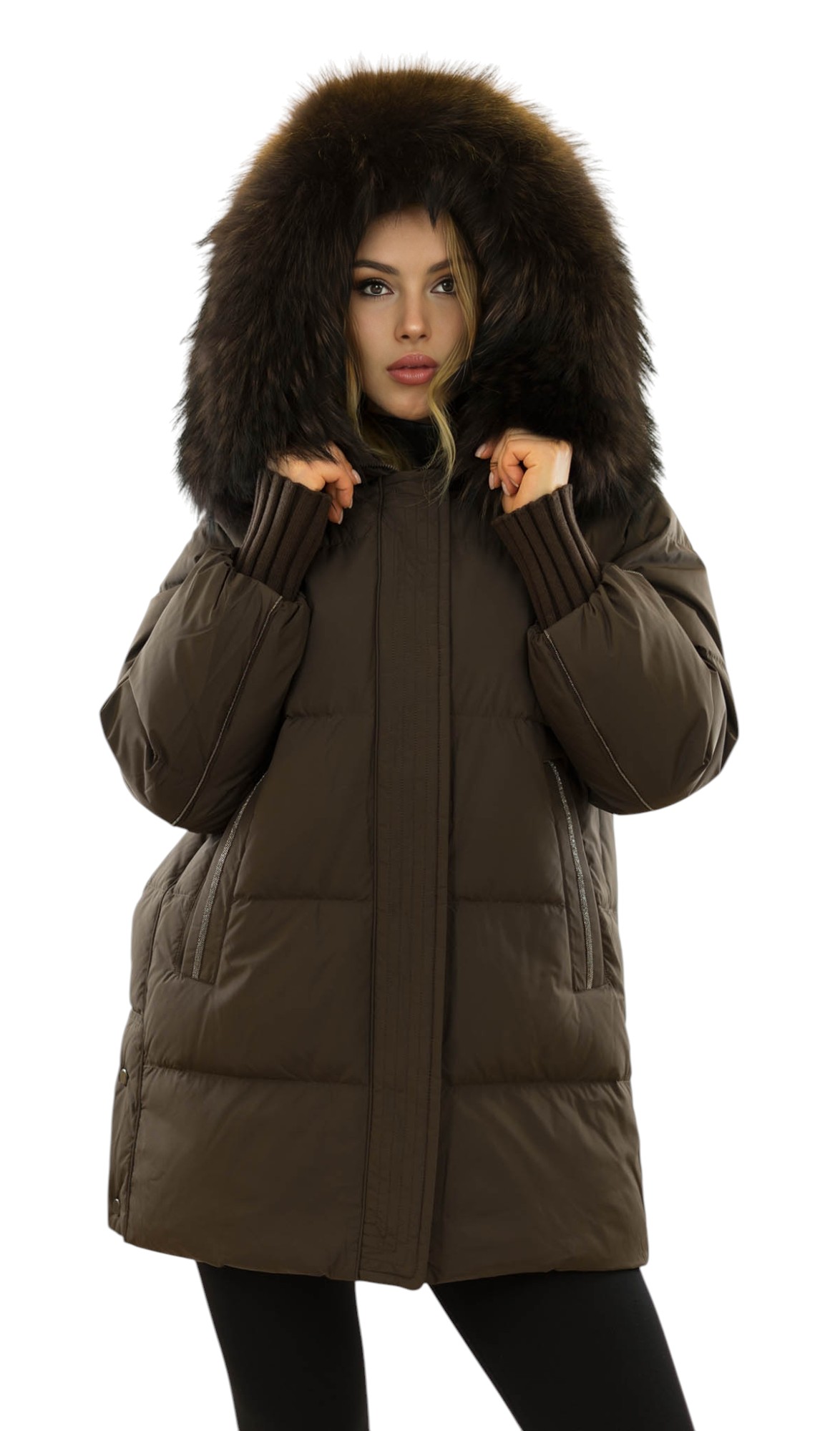 Winterjacke schwarz mit Daunenfüllung und Echtfell