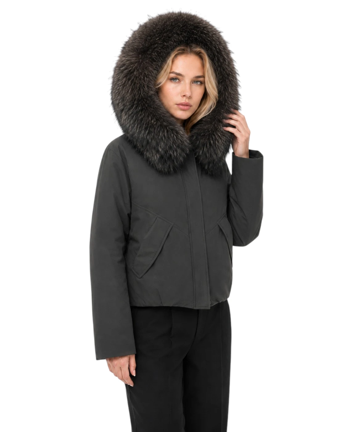Winterjacke Iris in Braun mit abnehmbarer Pelzkapuze aus Finnraccoon Echtfell