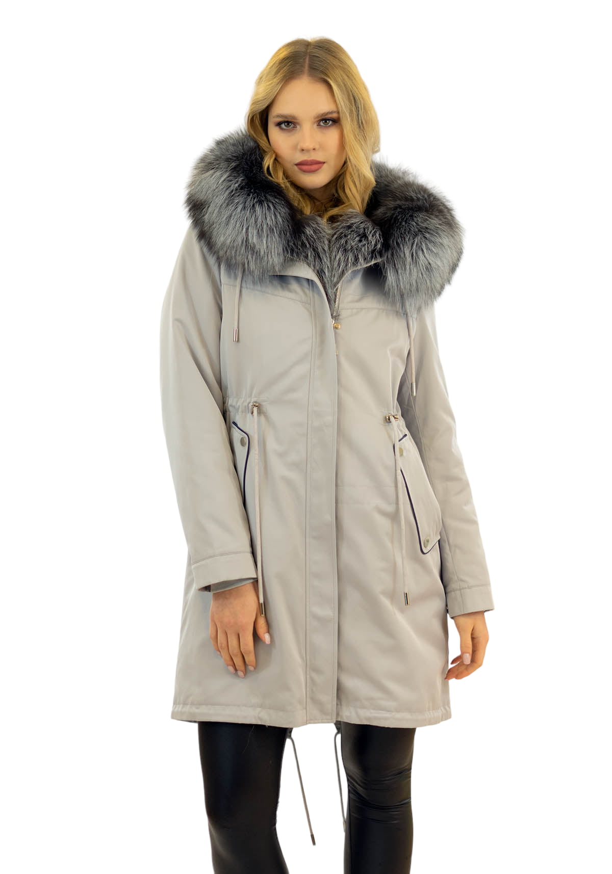 Damenparka in Farbe grau mit Pelzkapuze Silberfuchs Echtpelz Kaninfell Innenfell