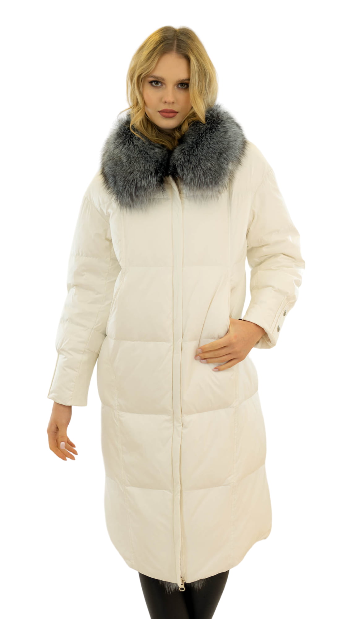 Weißer Daunenmantel  Wintermantel Echtpelz Silberfuchs
