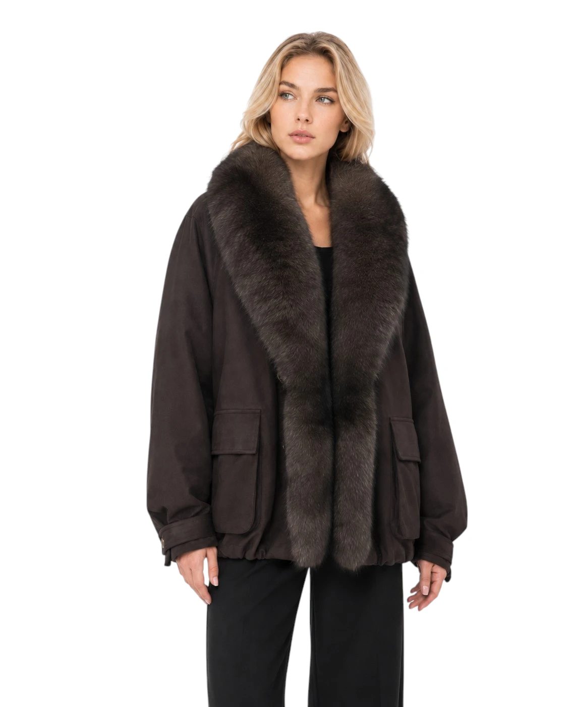 Brauner Damen Daunenparka „Isabella“ mit Fuchsfell und Veloursoptik Kopie