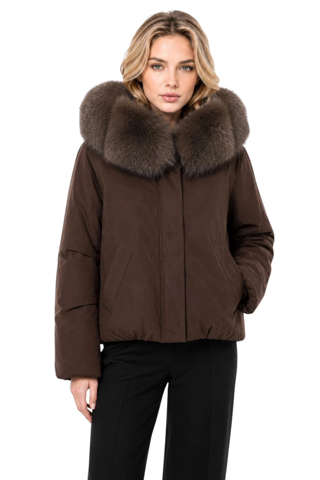 Kurze braune Damen Daunenjacke „Svava“ mit Fuchs Echtfell