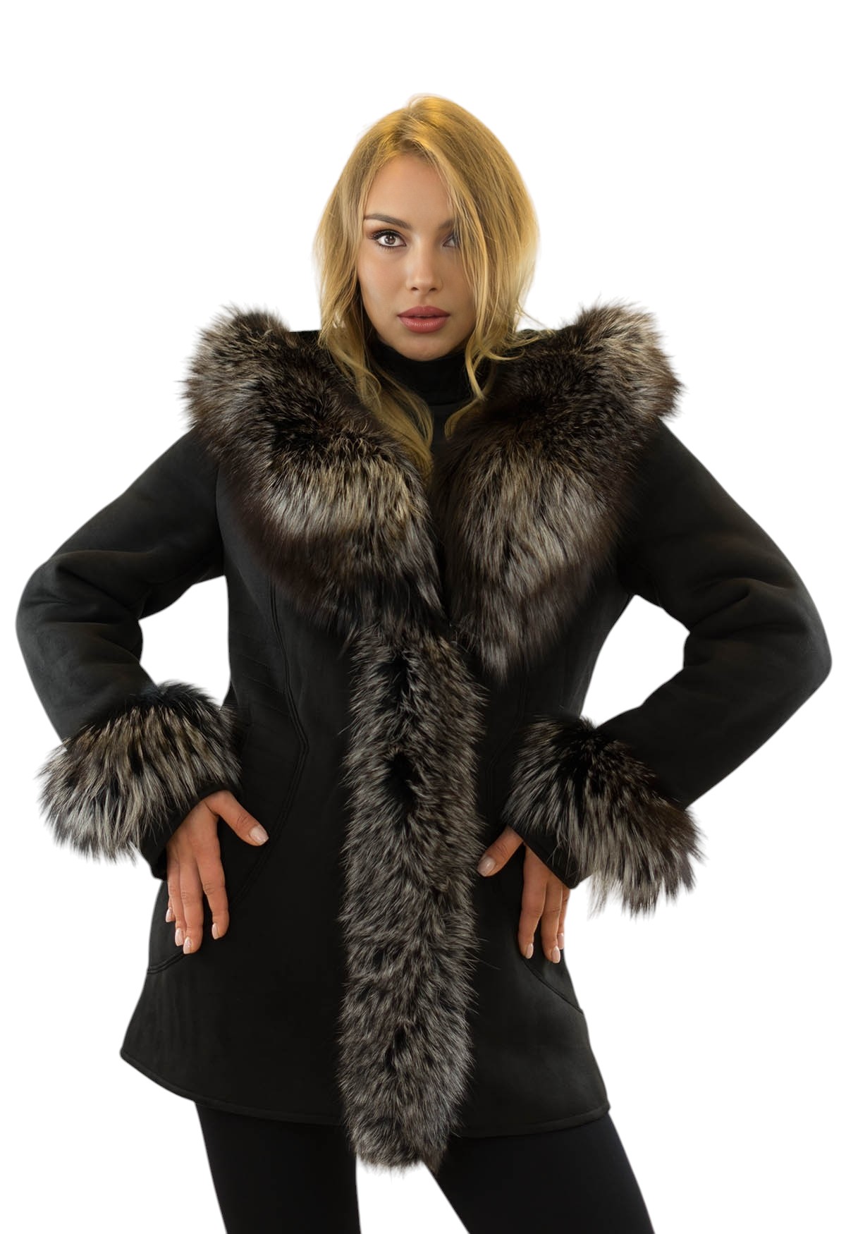 Schwarze Damenjacke mit Silberfuchs Echtpelz am Kragen