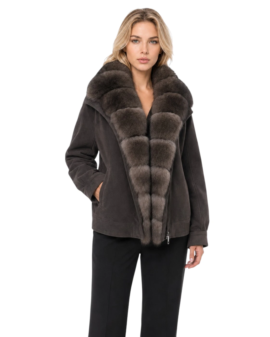 Brauner Damen Daunenparka „Isabella“ mit Fuchsfell und Veloursoptik