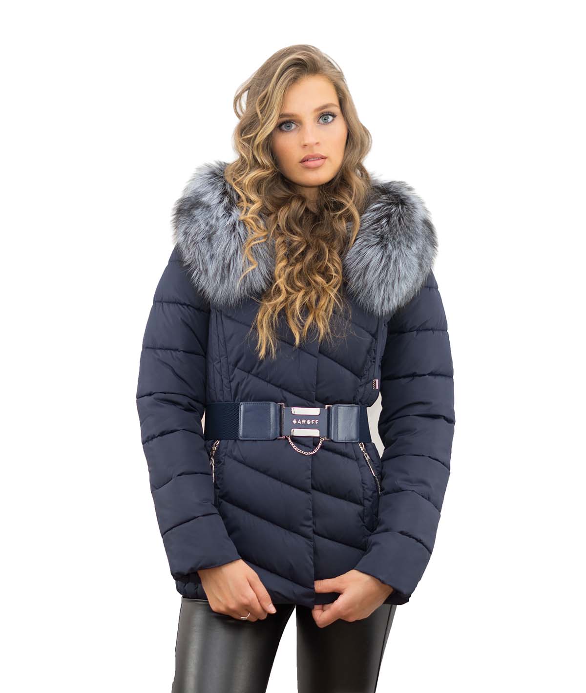 Jacke Farbe blau  mit Echtpelz Silberfuchs