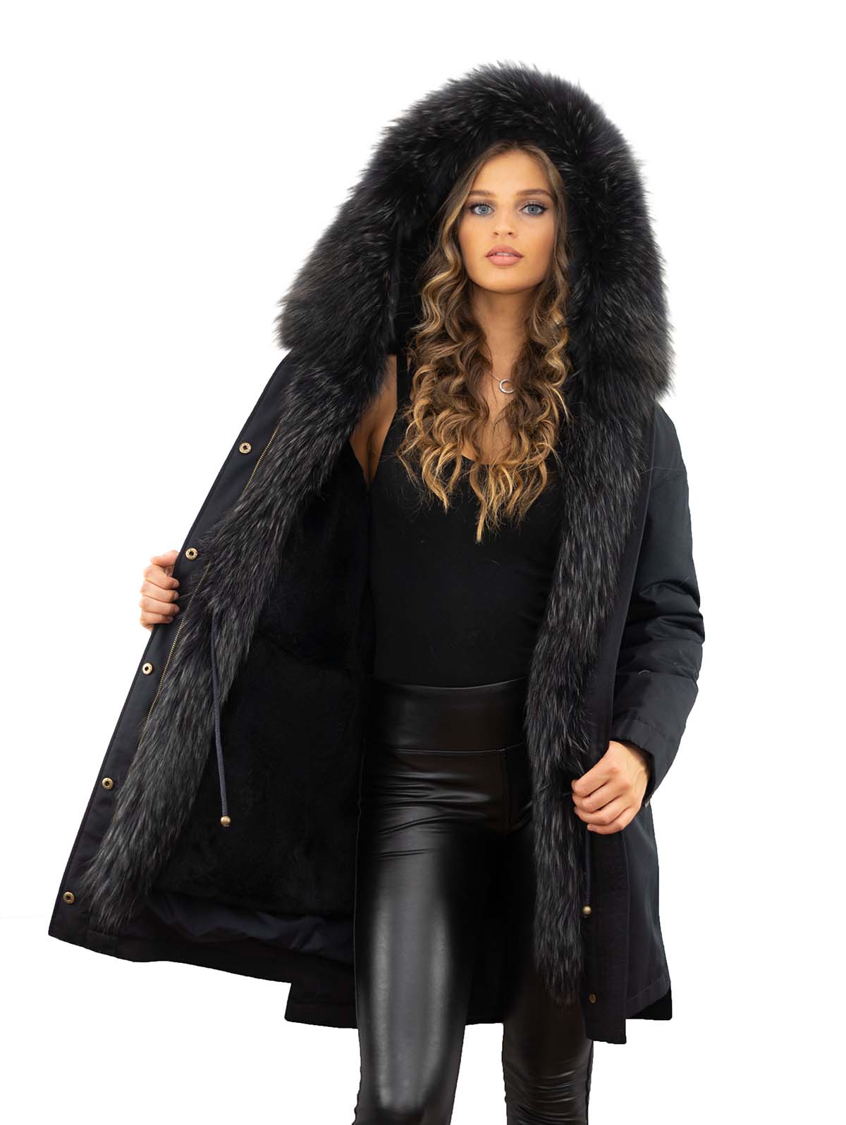 Winterparka Parka dunkelblau xxlpelzkragen Echtfell Finnraccoon Echtpelz abknöpfbares Kaninfell