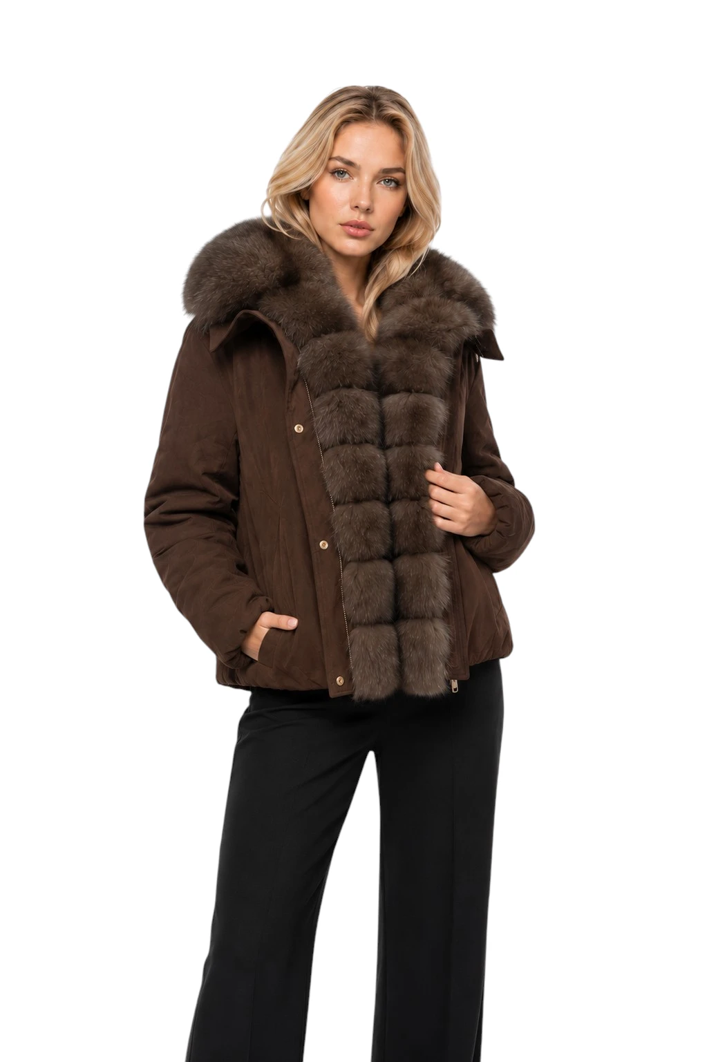 Kurze braune Damen Daunenjacke „Svava“ mit Fuchs Echtfell