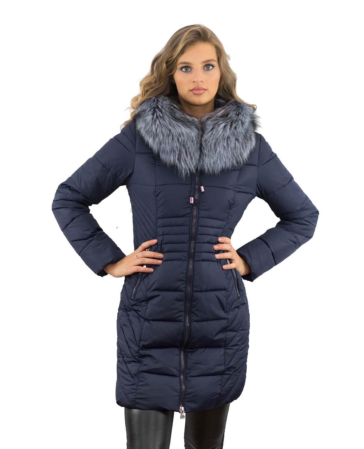 Wintermantel Farbe blau mit Echtfell Silberfuchs