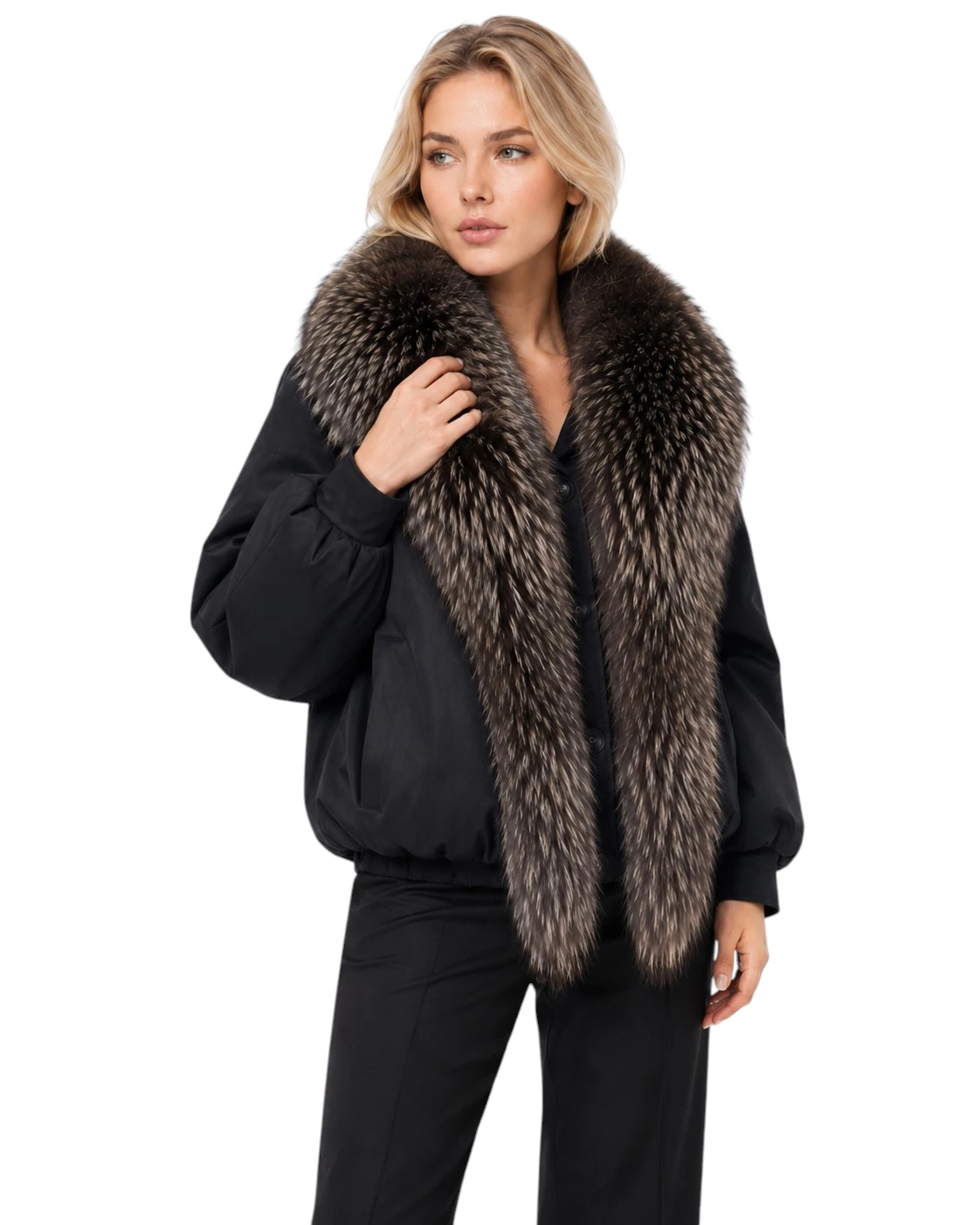 Schwarze Damen Winterjacke Rikka mit Finnraccoon Echtpelzkragen
