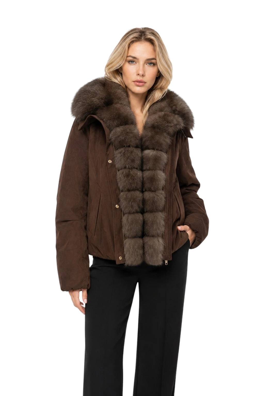 Kurze braune Damen Daunenjacke „Svava“ mit Fuchs Echtfell