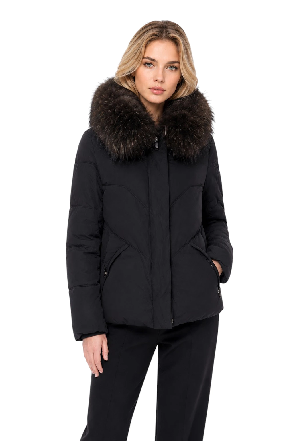 Kurze schwarze Damenjacke Odette mit abnehmbarem Pelzbesatz an der Kapuze