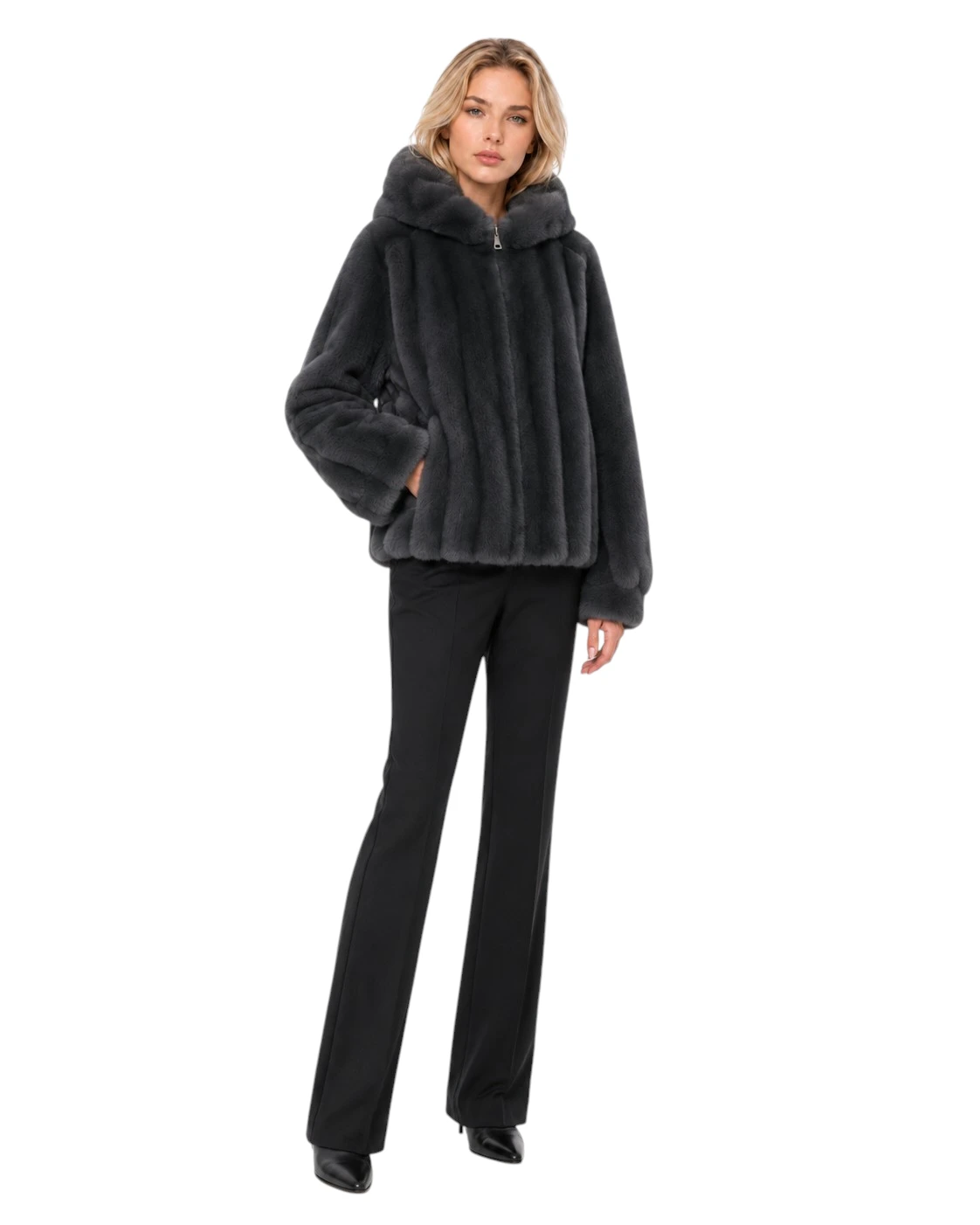 Kunstpelzjacke Klara in Grau mit Kapuze und weichem Faux Fur