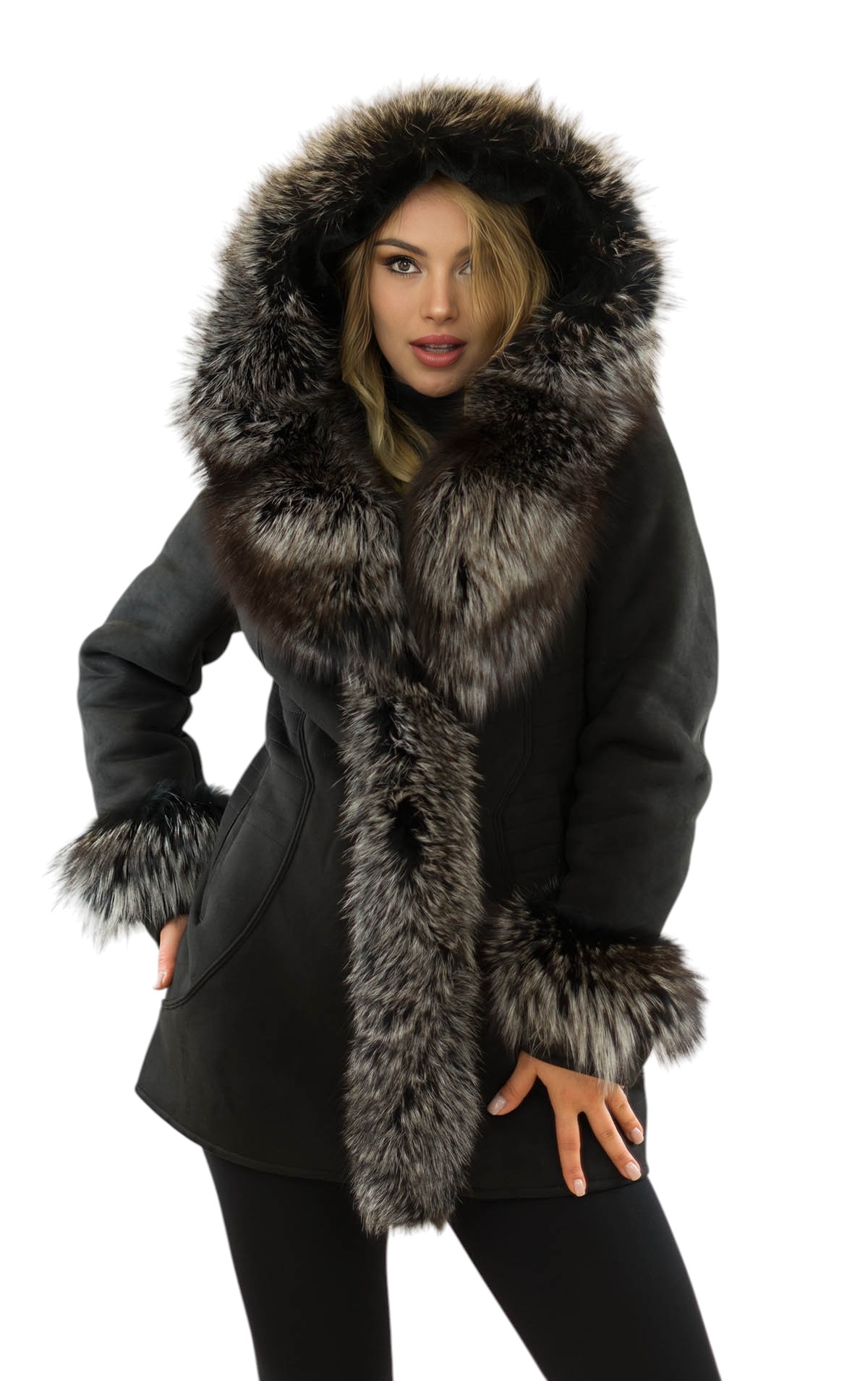 Pelzjacke Winterjacke mit Echtpelzkragen Silberfuchs