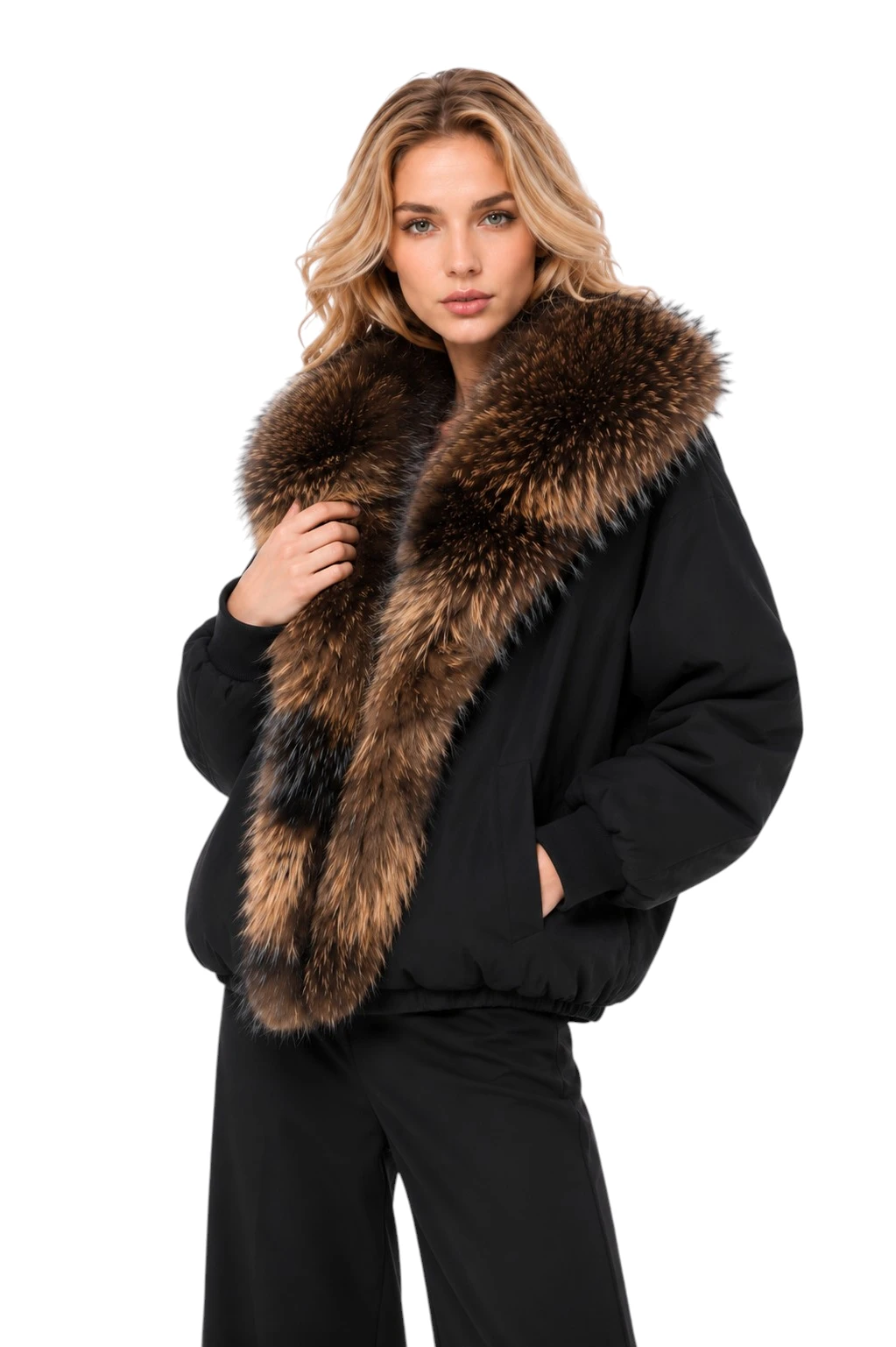 Schwarze Damen Winterjacke Rikka mit Finnraccoon Echtpelzkragen