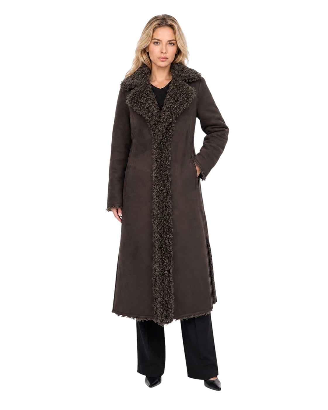 Brauner Damen Wendemantel Adrina mit Wildlederoptik und Lammfellimitat