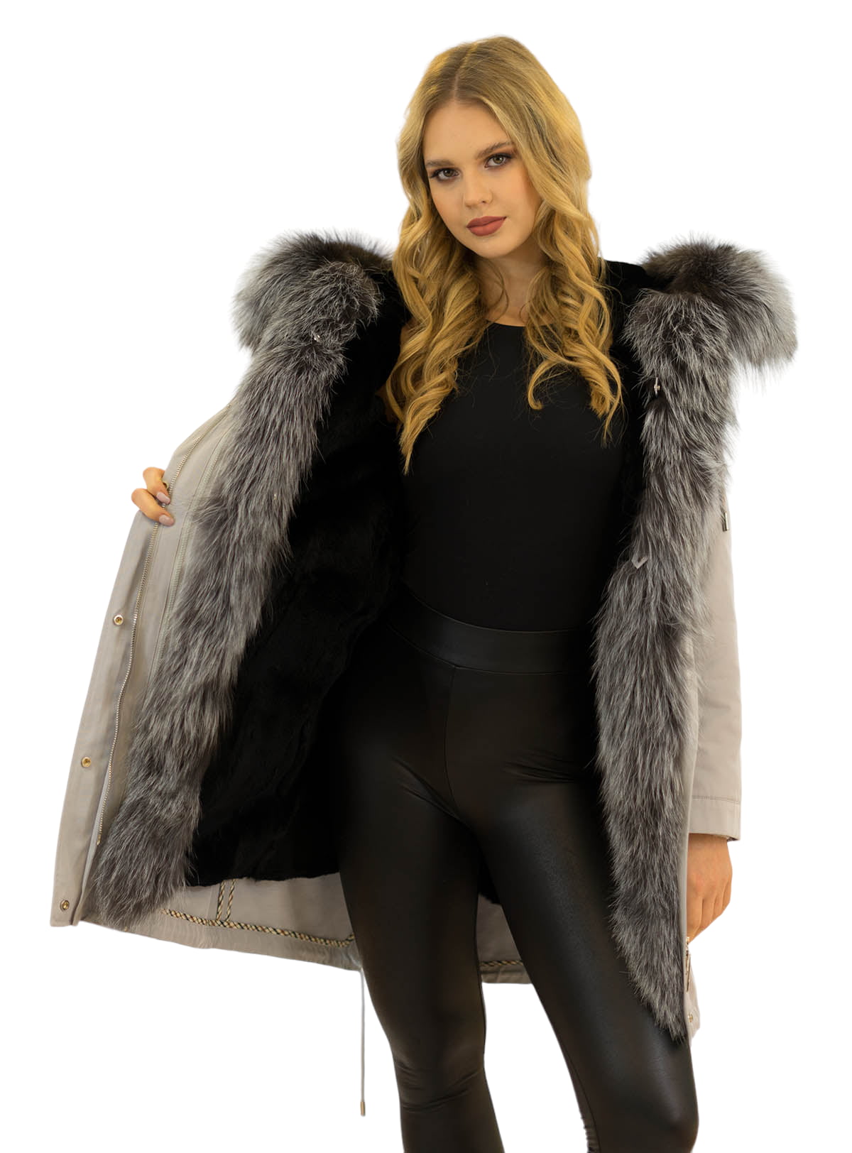 Parka mit Pelz XXL Pelzkragen Silberfuchs Parka mit Echtfell