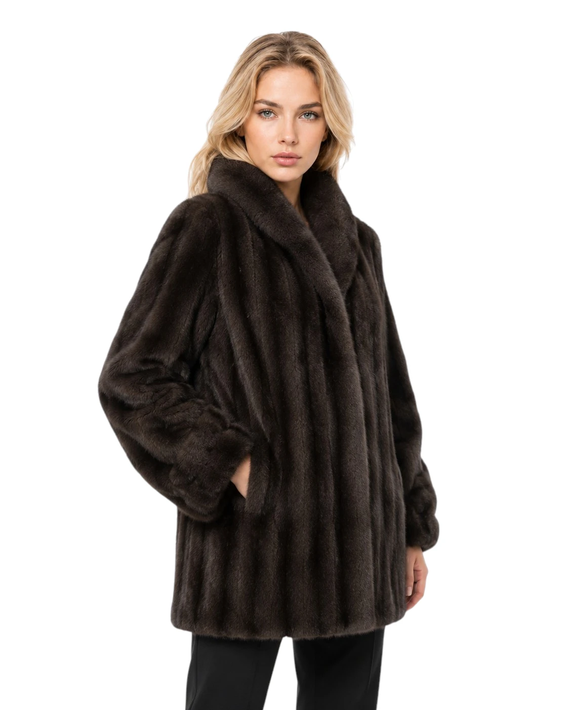 Braune Kunstpelzjacke Charlotte für Damen mit taillierendem Gürtel