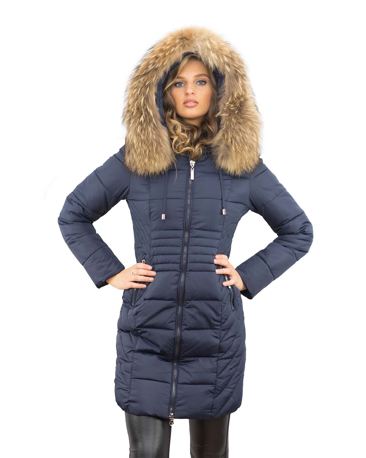 Winterparka Farbe blau mit Echtfell Pelzkragen Silberfuchs
