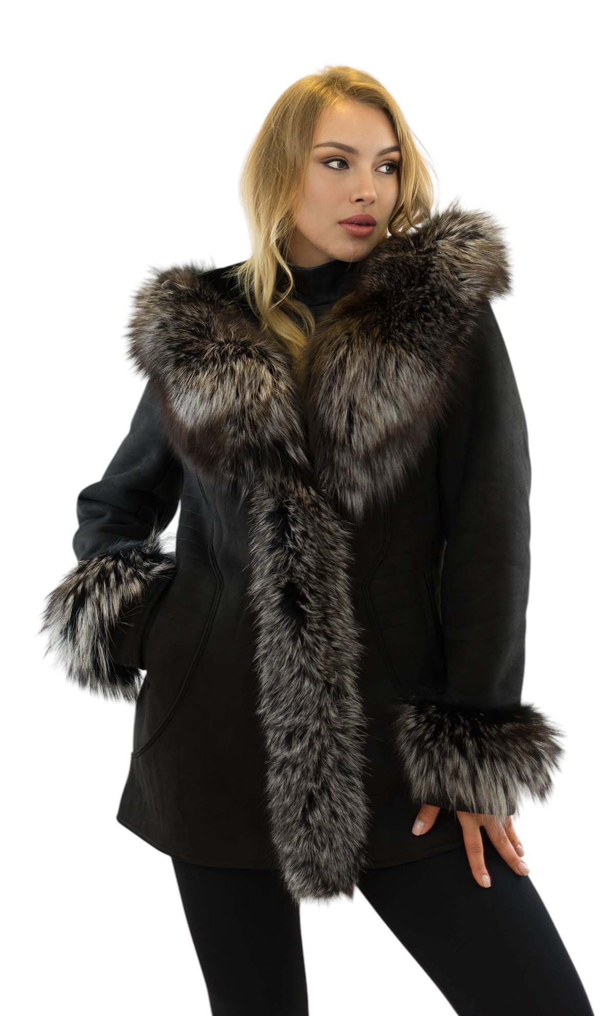 Warme Damen Winterjacke mit Echtpelzkragen aus Silberfuchs