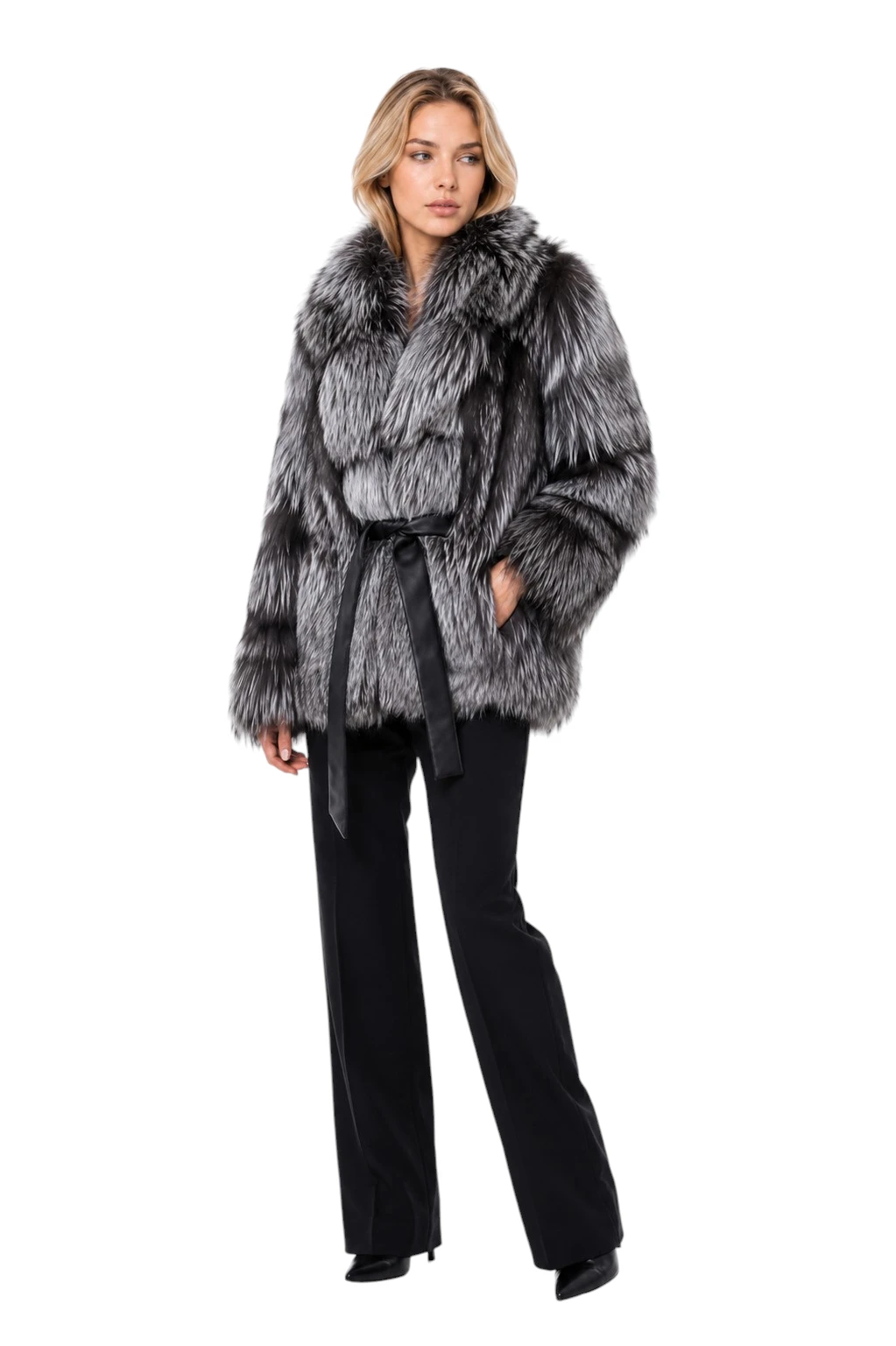 Hellgraue Fuchsfelljacke Skadi aus Silberfuchs Echtfell