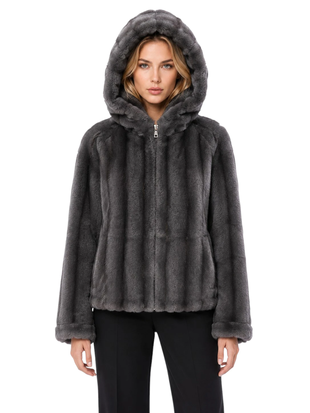 Graue Kunstpelzjacke Klara mit Kapuze und Nerzimitat Look