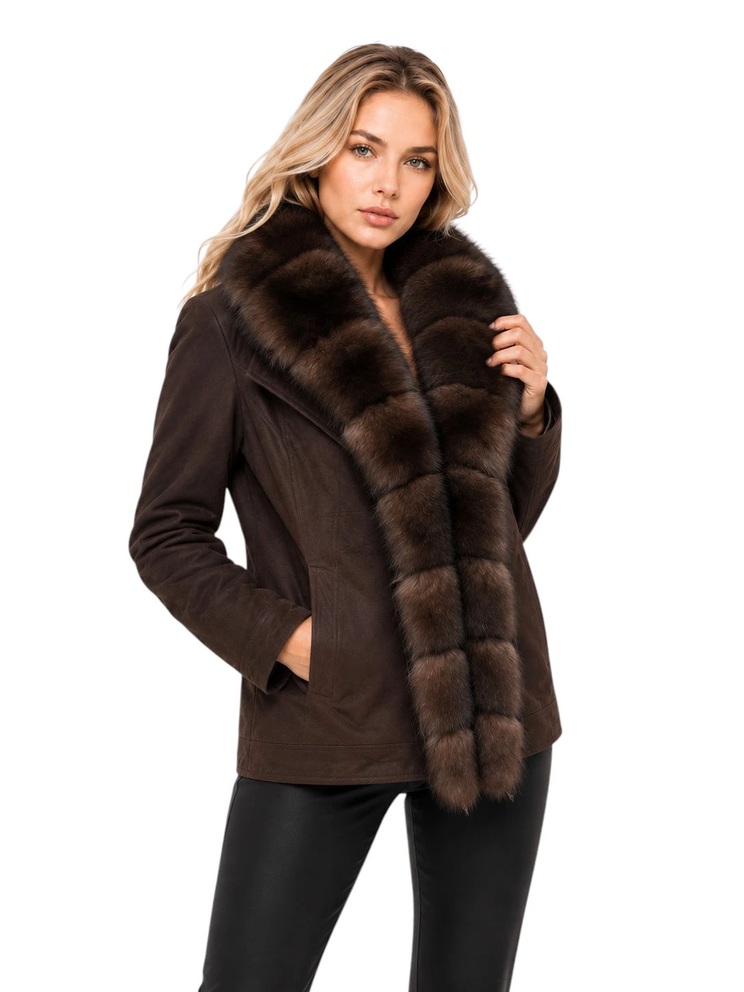 Brauner Damen Daunenparka „Isabella“ mit Fuchsfell und Veloursoptik