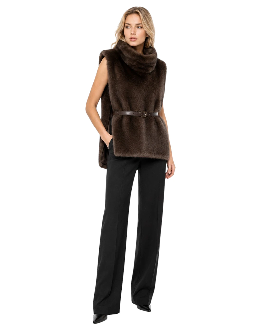 Braunes Faux Fur Dickey „Esja“ in Nerzoptik mit Gürtel