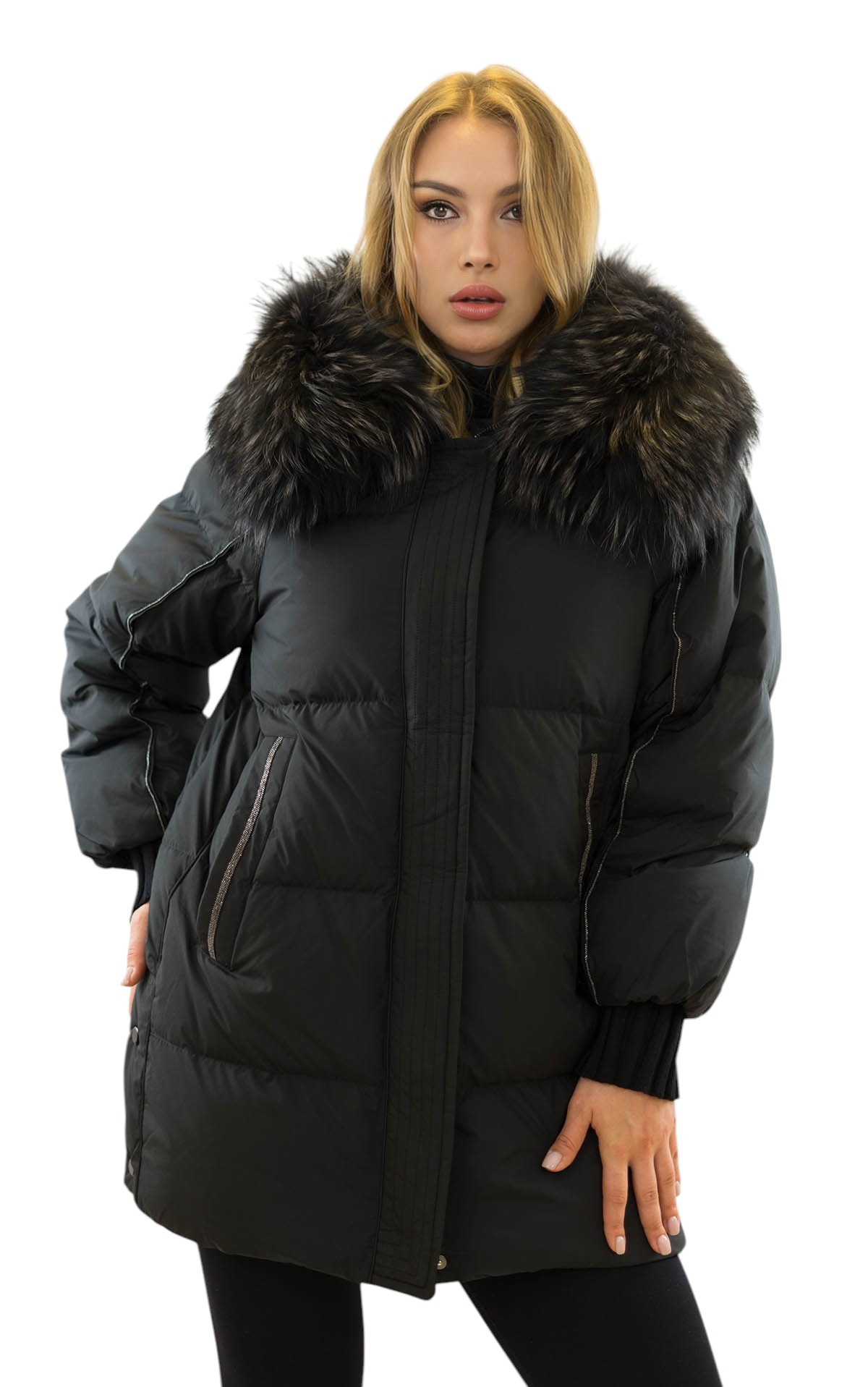 Damen Daunenjacke mit Echtpelz Echtfellkragen