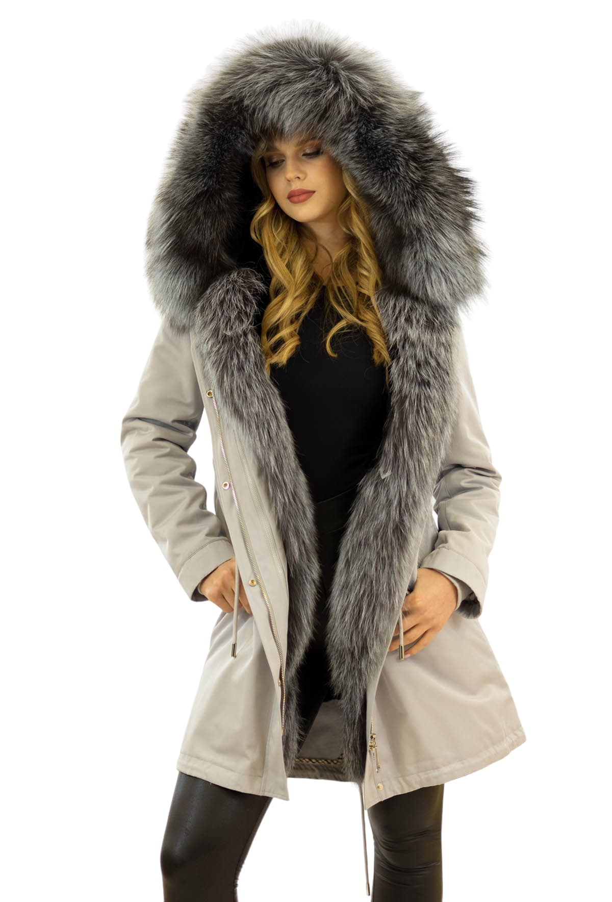 Damen Winterparka mit Innenfell Kaninfell Echtpelz Echtfell Silberfuchs Pelzkragen