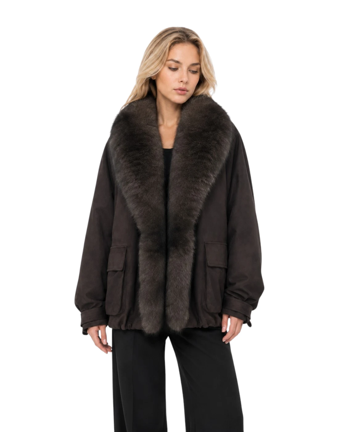 Brauner Damen Daunenparka „Isabella“ mit Fuchsfell und Veloursoptik Kopie