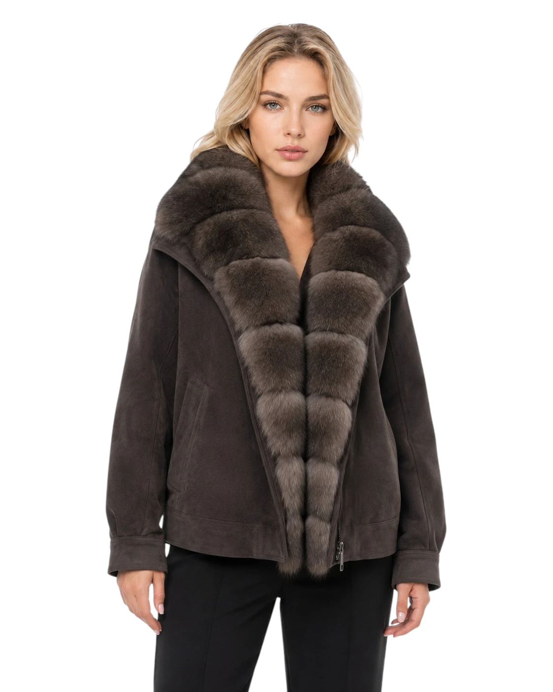 Brauner Damen Daunenparka „Isabella“ mit Fuchsfell und Veloursoptik