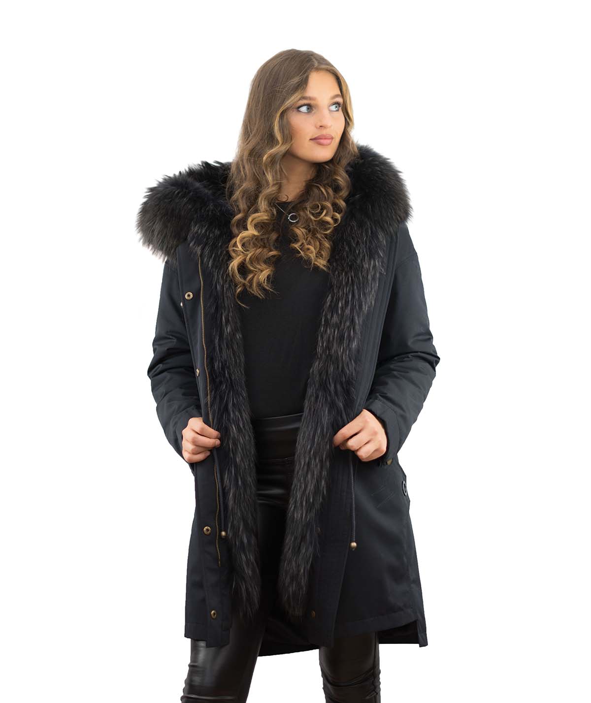 Parka mit Echtfell xxl Pelzkragen aus Finnraccoon Echtpelz Innenfell Rex Kaninfell