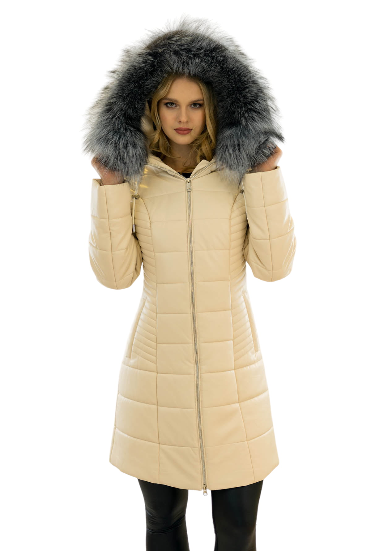 silver fox real fur collar women's eco leather coat