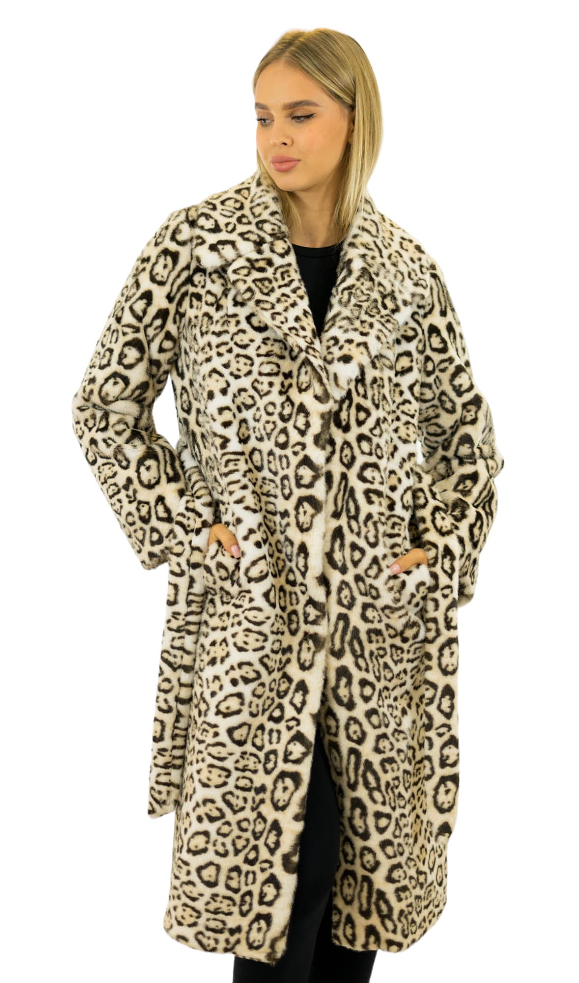 Pelzmantel aus Webpelz Leopardprint Faux Fur Mantel