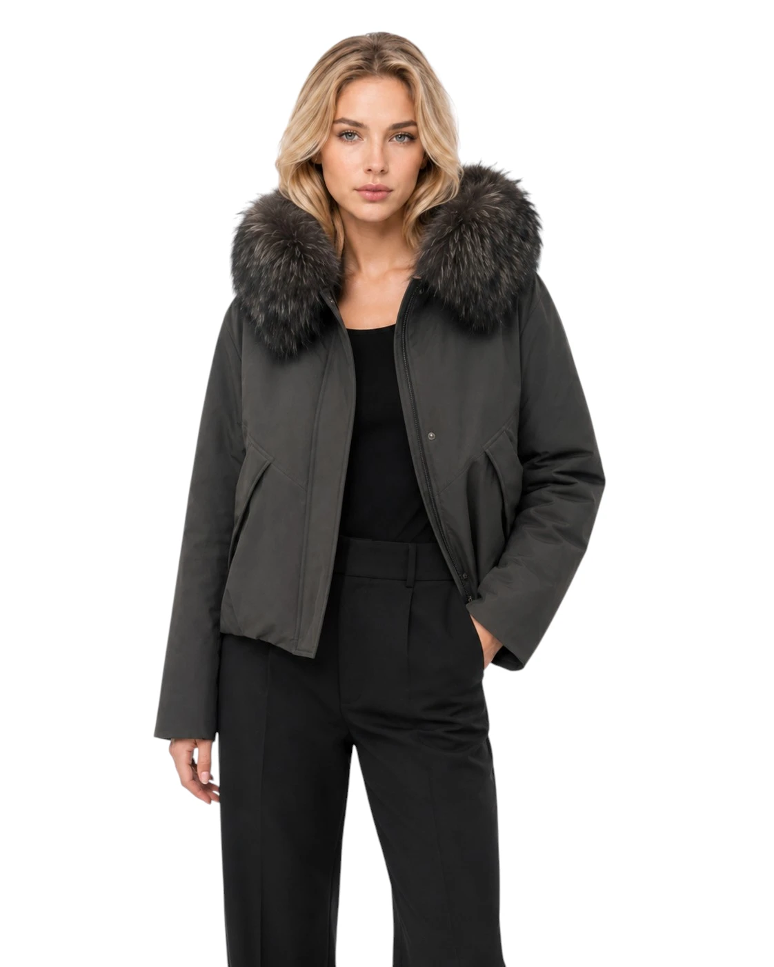Winterjacke Iris in Braun mit abnehmbarer Pelzkapuze aus Finnraccoon Echtfell
