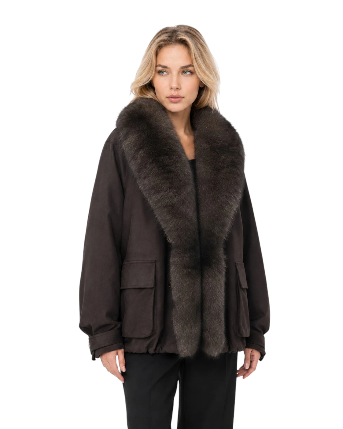 Brauner Damen Daunenparka „Isabella“ mit Fuchsfell und Veloursoptik Kopie