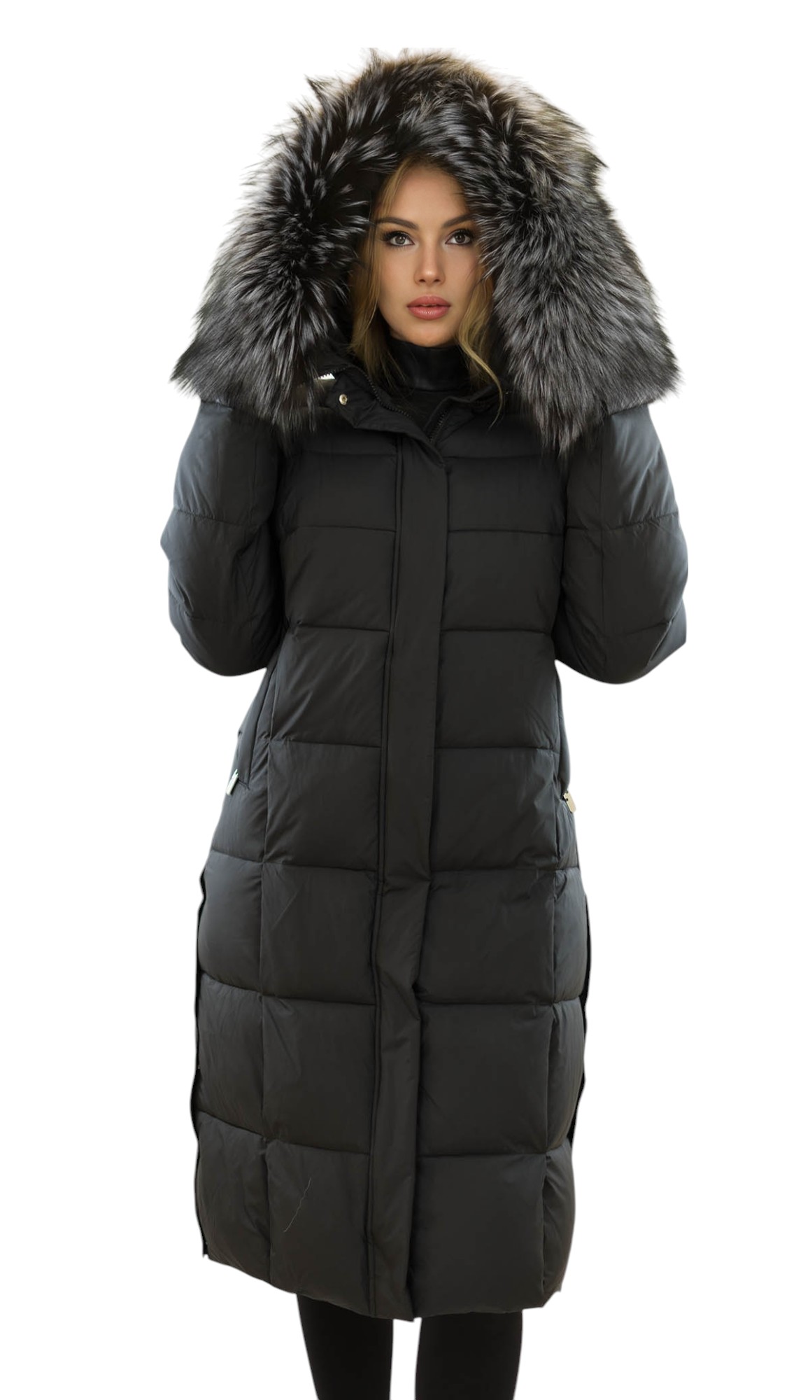 Damen Winterjacke lang mit Silberfuchs Pelzkragen