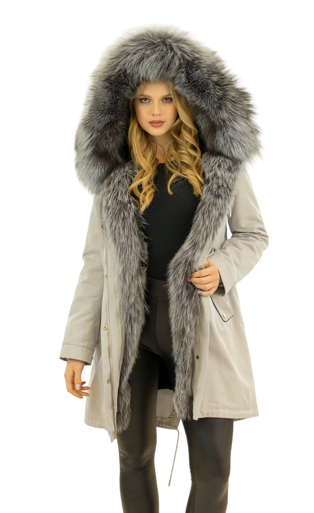 Parka Jacke grau mit Echtfell Kragen Silberfuchs Echtes Fell Innenfutter Kaninfell