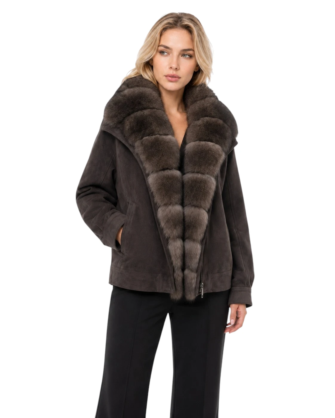 Hüftlanger Damen Winterparka Isabella in Braun mit abnehmbarem Pelzkragen