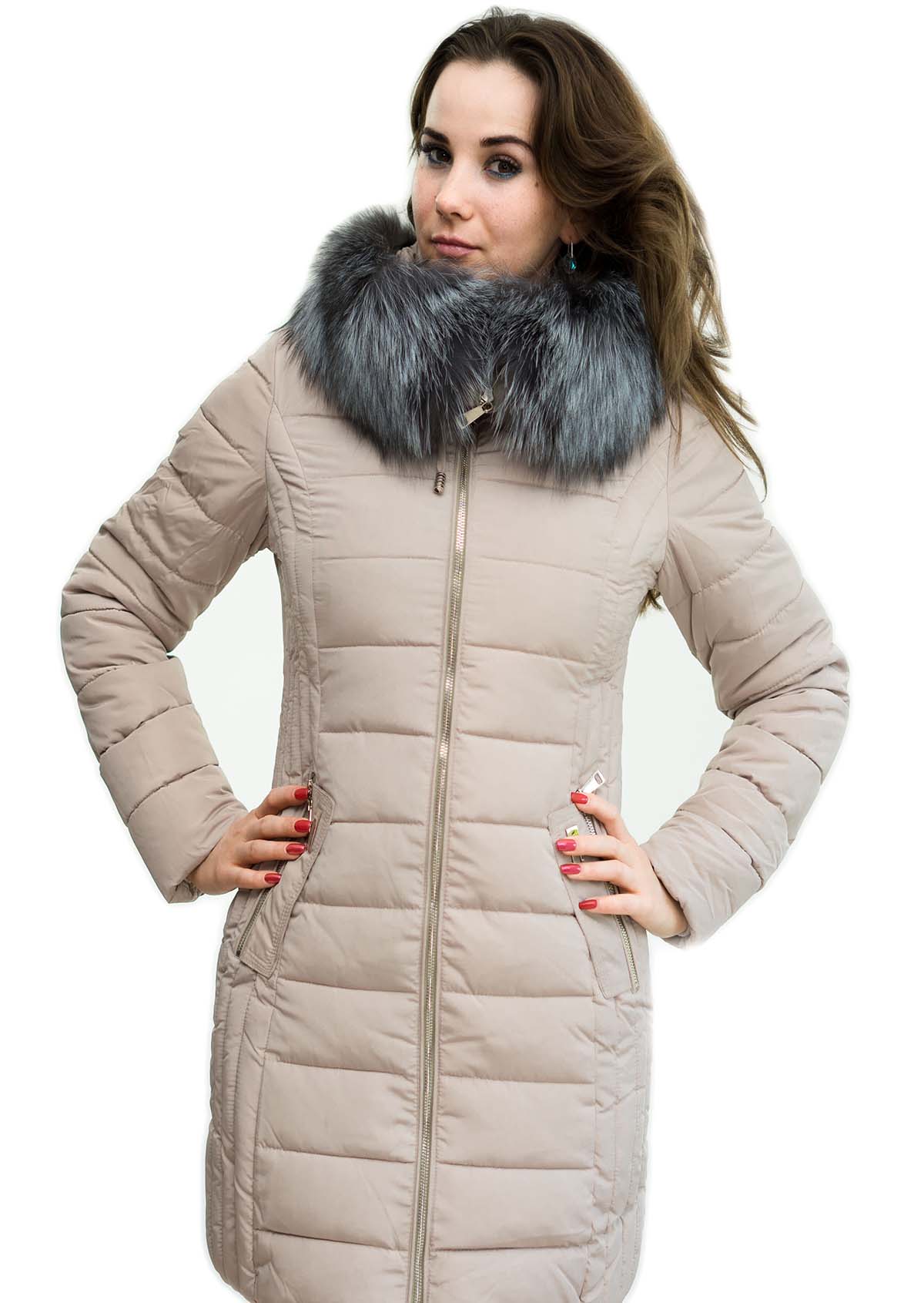 Wintermantel mit echtem Pelzkragen Farbe beige